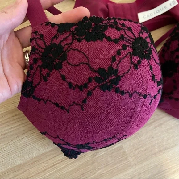 Cacique NWT Max Boost Plunge Lace Strappy Sexy Lace Bra Raspberry Black 44C - Picture 10 of 12